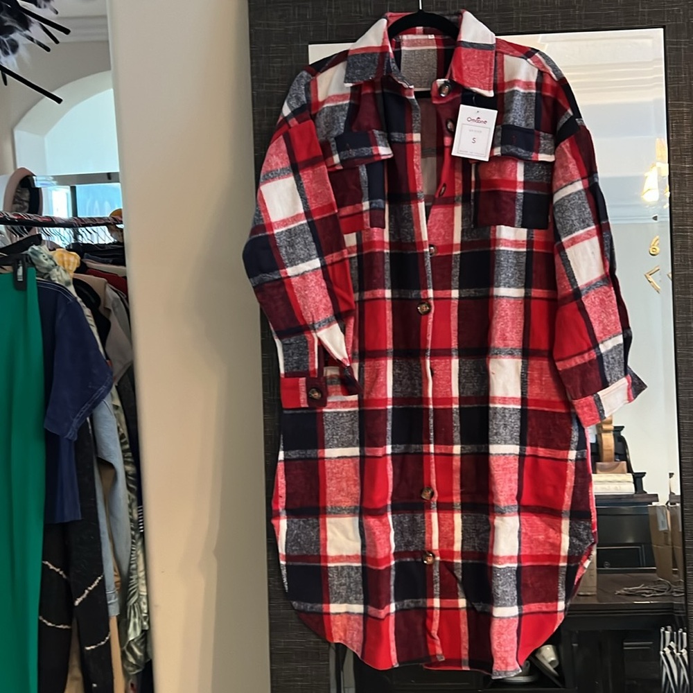 NWT Women's Blend Long Plaid Shirt Jacket Button Shacket Pocketed Flannel Coat - Picture 6 of 6